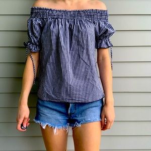 Gingham Checker Navy White Off Shoulder Top